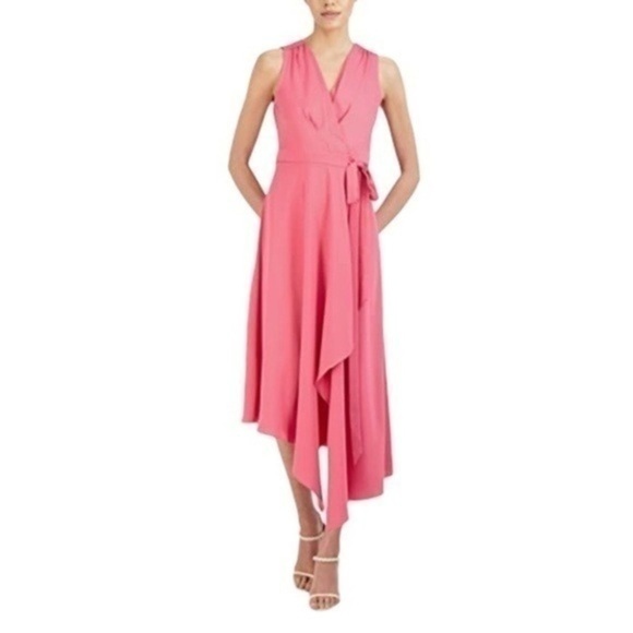 BCBGMaxazria Fit & Flare Asymmetrical Hem Tie Belt Midi Wrap Dress M Pink NWT - Picture 1 of 12
